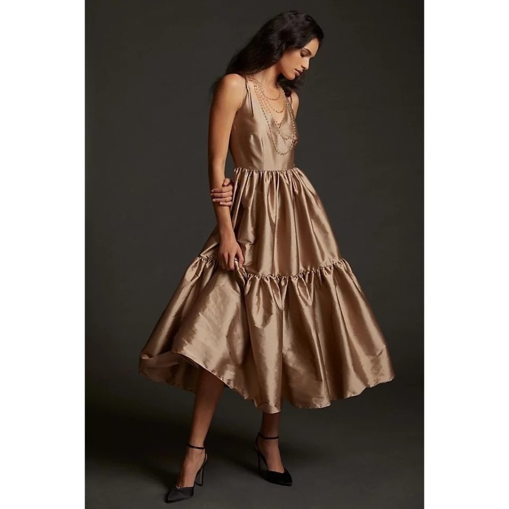 NEW Anthropologie Bloni Bronze Tiered V-Neck Maxi Dress - Size XS